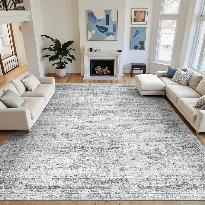 12x15 Washable Area Rug Gray Neutral Abstract Living Room Large Carpet Non Slip - Image 9