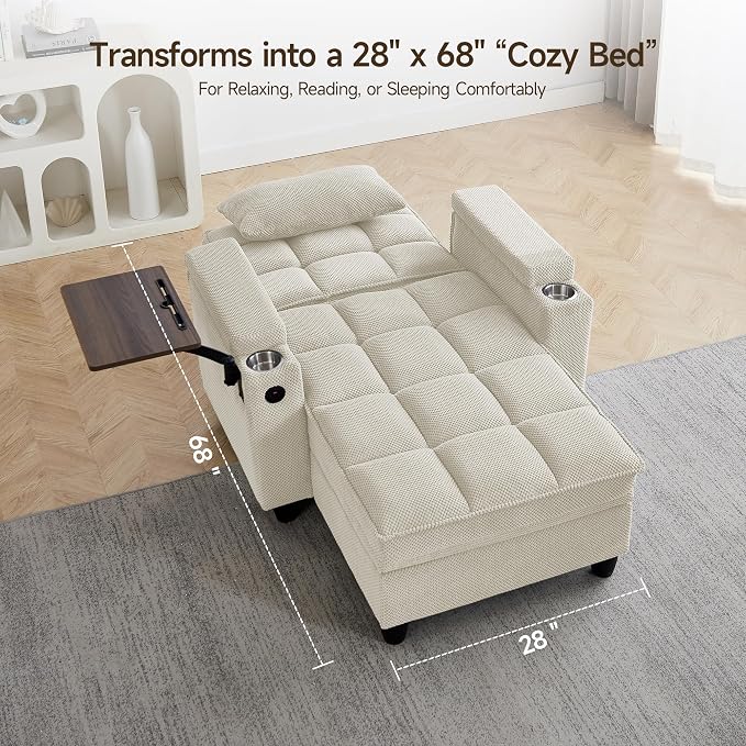 Oversized Recliner Chair with Swivel Tray Table, Modern Tufted Linen Fabric - Image 3