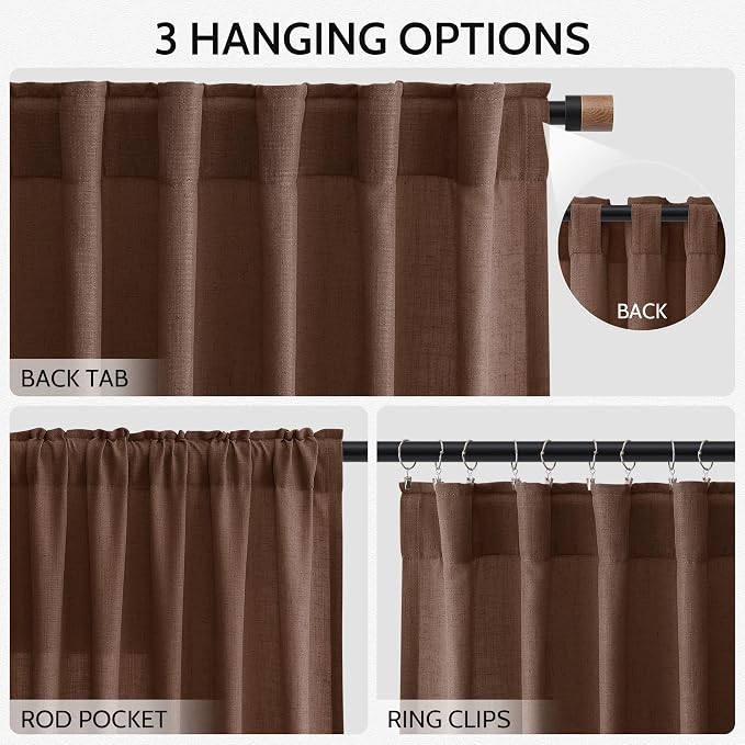 Mocha Brown Linen Curtains 63 Inches Long 2 Panel Sets - Image 2