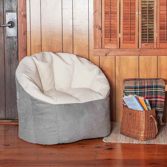 Big Joe Milano Bean Bag Chair, Oat Sherpa and Graphite Vegan Suede, Soft - Image 2