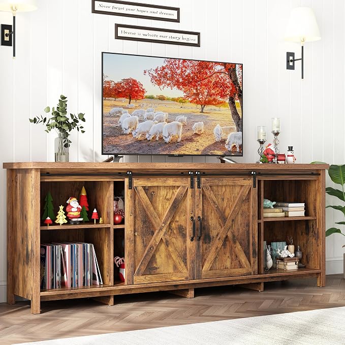 70" Farmhouse TV Stands for 70 75 80inch TV w/Adjustable Shelves, Sliding Barn by Unknown