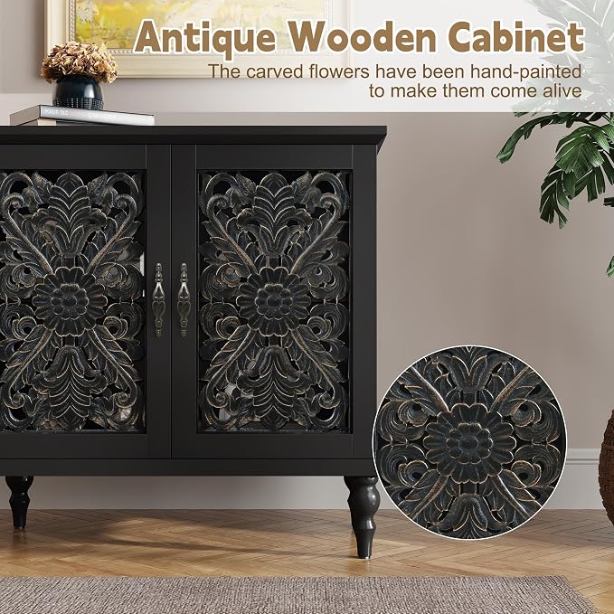 ARTPOWER Accent Cabinet with 2 Doors, Vintage Carved Wood Storage Cabinet - Image 8
