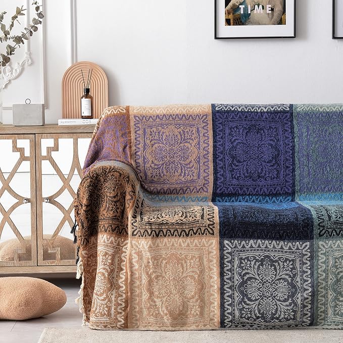 Boho Chair Cover Colorful Chenille Tassels Hippie Throw Blanket - Image 3