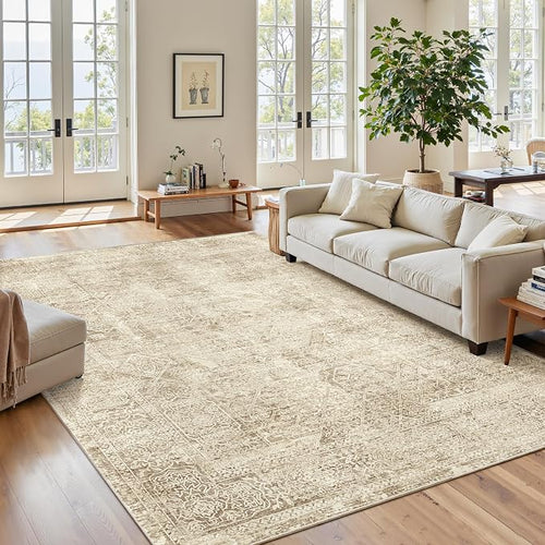 5x7 Area Rugs Brown Low Pile Indoor Washable Trendy Faded Style Floral Rugs - Image 2