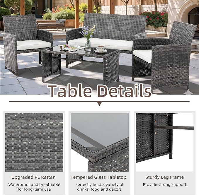 4 Piece Patio Ratten Set Outdoor Furniture Set Wicker Conversation Set - Image 3