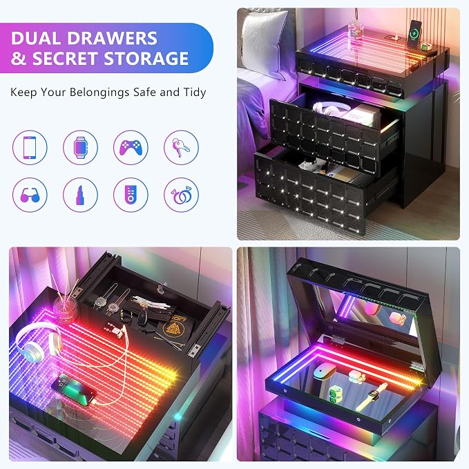Night Stand with Charging Station and Smart RGB Lights, LED Nightstand with - Image 4
