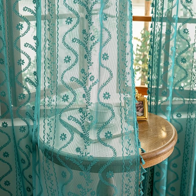 WAZZIO Boho Lace Curtains 2 Panels 96 Inch -Victorian Sheer Panel Drape French by WAZZIO