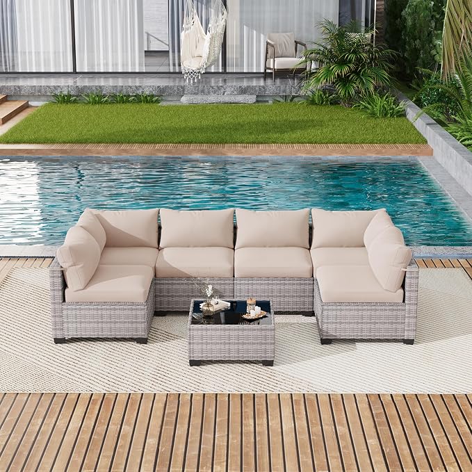 LOUVIXA 7 Piece Outdoor Patio Furniture Set, Outdoor Sectional Sofa, Wicker - Image 8
