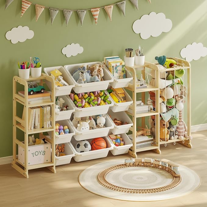 Toy Storage Shelf 3-in-1 Bookshelf & Stuffed Animal Storage & 12 Plastic Bins by AnmonPeelandStickWallpaper