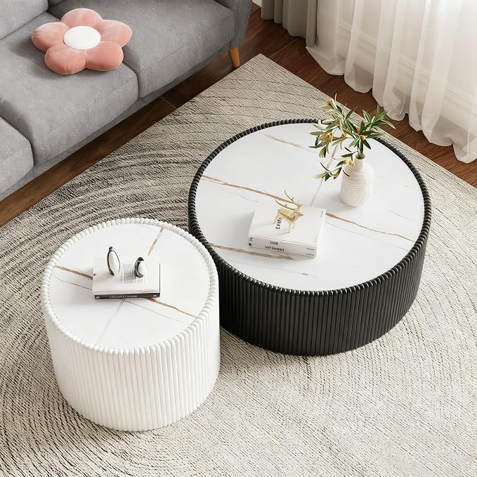 SSLine Round Drum Coffee Table Set of 2 Modern Sintered Stone Top Nesting - Image 4