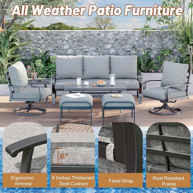 HOMREST Patio Furniture Sets 7 PCS Outdoor Metal Conversation Sets, 360 Degree - Image 5
