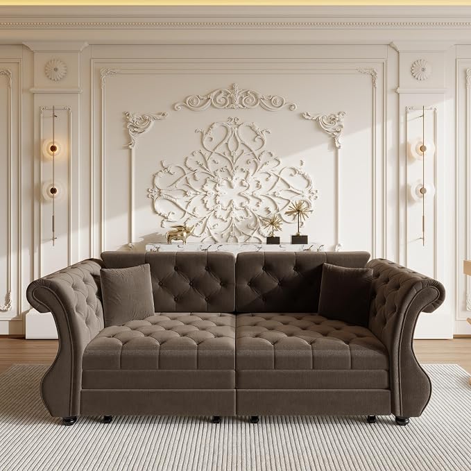 83.8" Oversized Pull Out Sofa Bed, Chesterfield Velvet Sleeper Sofa Couch - Image 8