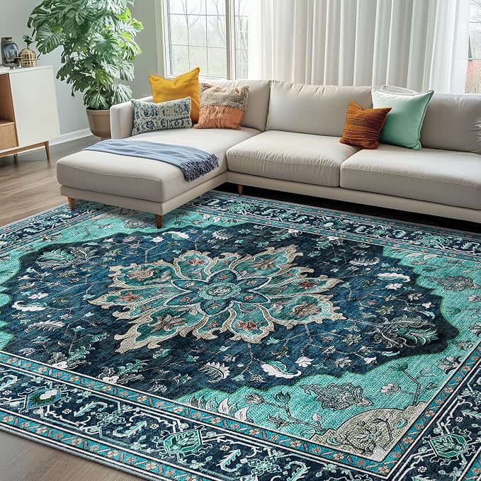 RELEANY Area Rugs 7'x10' Washable Non-Slip, Floral Vintage Distress Print by RELEANY