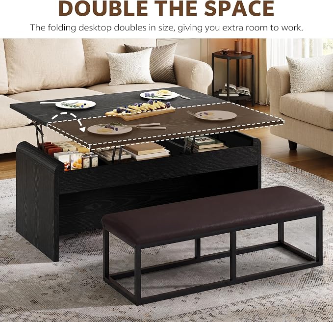 Lift Top Coffee Table with Bench, 4-in-1 Multi-Function Coffe Table w/Curved - Image 5