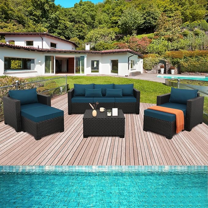 Rattaner Patio Furniture Set 6 Pieces Couch Outdoor Chairs Coffee Table Peacock - Image 2