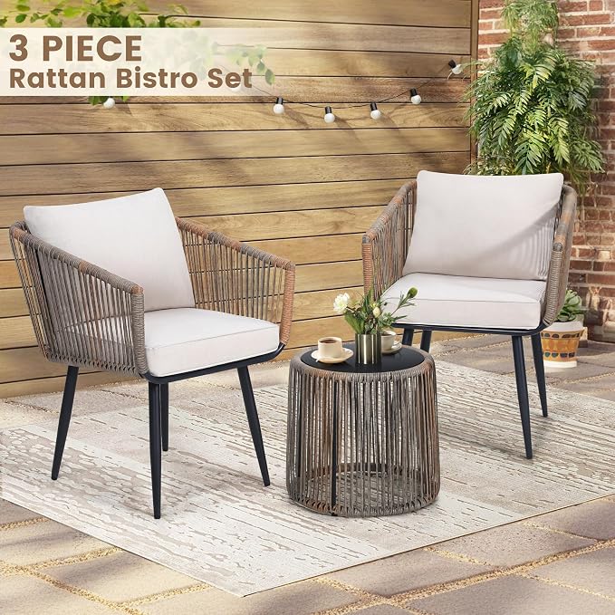Kromax 3 Pieces Patio Rattan Bistro Conversation Set, Outdoor All-Weather - Image 2