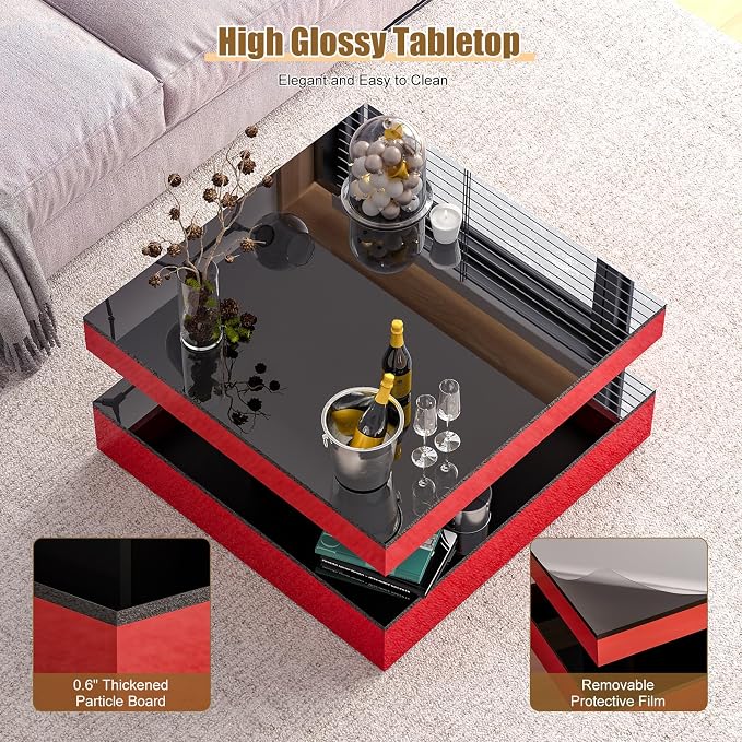 HedoAjim Red LED Coffee Table for Living Room, Living Room Table 2-Tier Square - Image 7