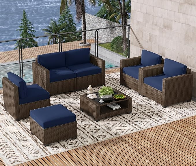 LOUVIXA 7 Piece Outdoor Patio Furniture Set, Rattan Chairs Glass Table Wicker by LOUVIXA