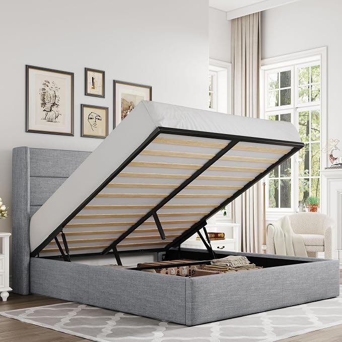 Allewie Queen Size Lift Up Storage Bed, Modern Wingback Headboard, Hydraulic by Allewie