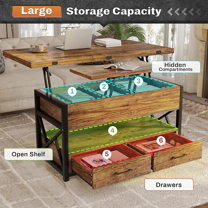 Itaar 40" Lift Top Coffee Table, 4 in 1 Coffee Tables - Image 3