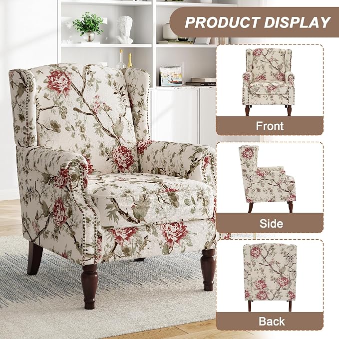 Pia Ricco Set of 2 Floral Accent Chairs, High Back Upholstered Armchairs - Image 3
