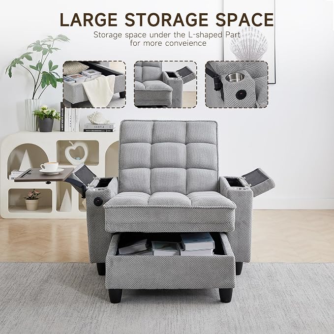 Oversized Recliner Chair with Swivel Tray Table, Modern Tufted Linen Fabric - Image 3