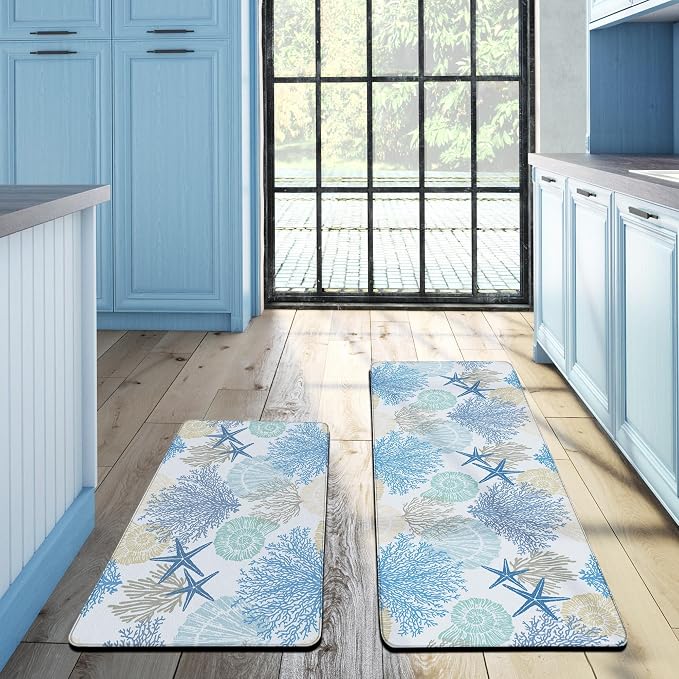Tritard Coastal Beach Theme Kitchen Mats Rugs Set of 2 Anti Fatigue Kitchen Mats by Tritard