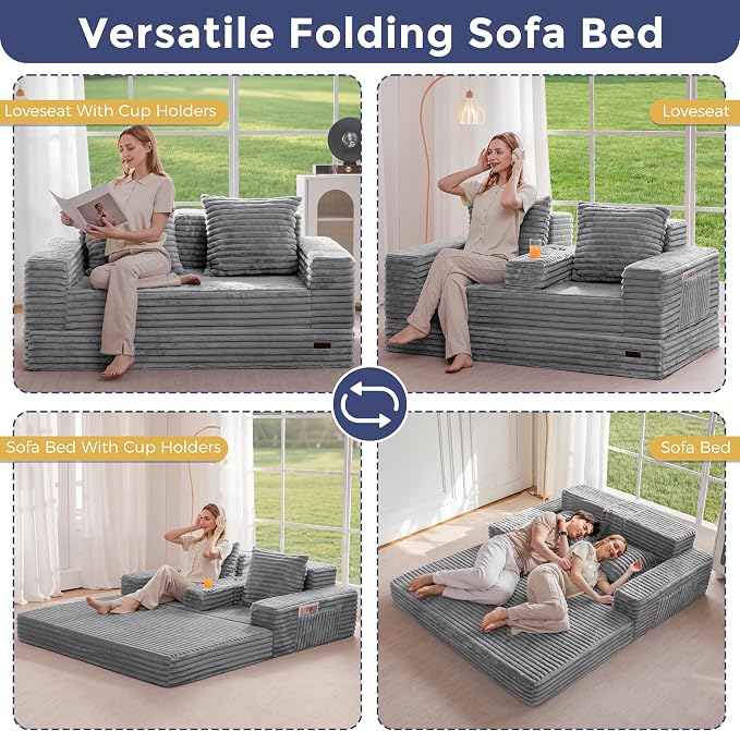 MAXYOYO Loveseat Sofa Bed, Striped Faux Fur Foldable Floor Sofa Couch in A Box - Image 5