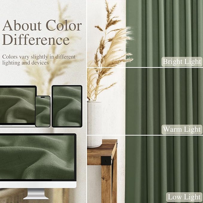 Olive Green Linen Curtains 90 Inch Length 2 Panels Set - Image 4