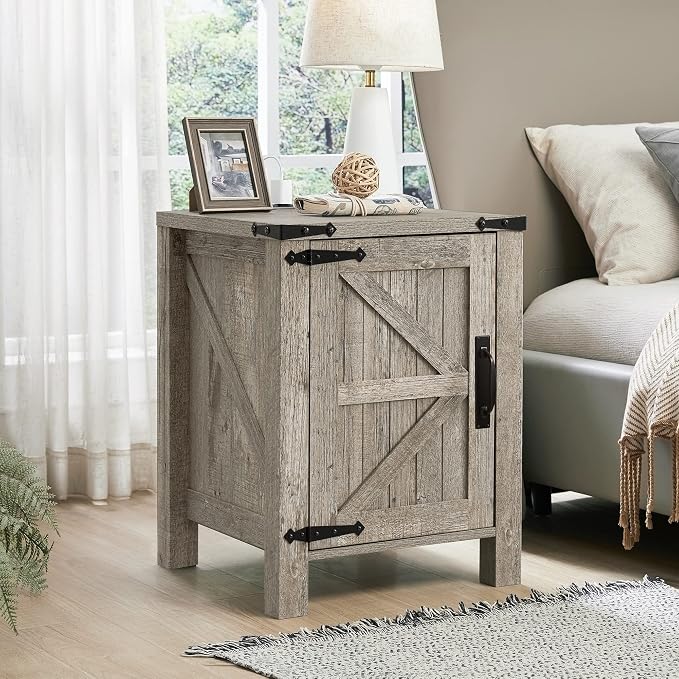 OKD Nightstand with Charging Station, 18 Inch Farmhouse End Table with Barn - Image 2