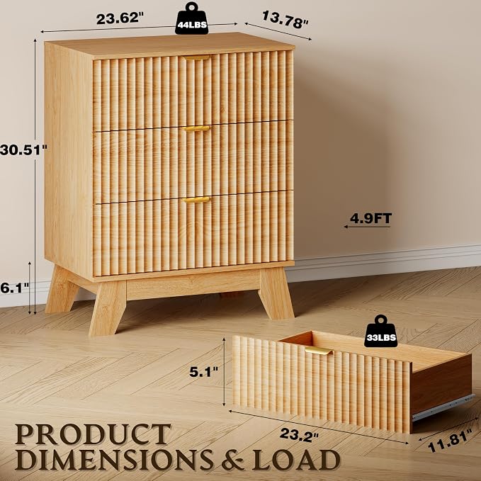 BORNOON Fluted 3 Drawer Dresser, 30.3" Tall Compact Modern Boho Chest of Drawers - Image 2