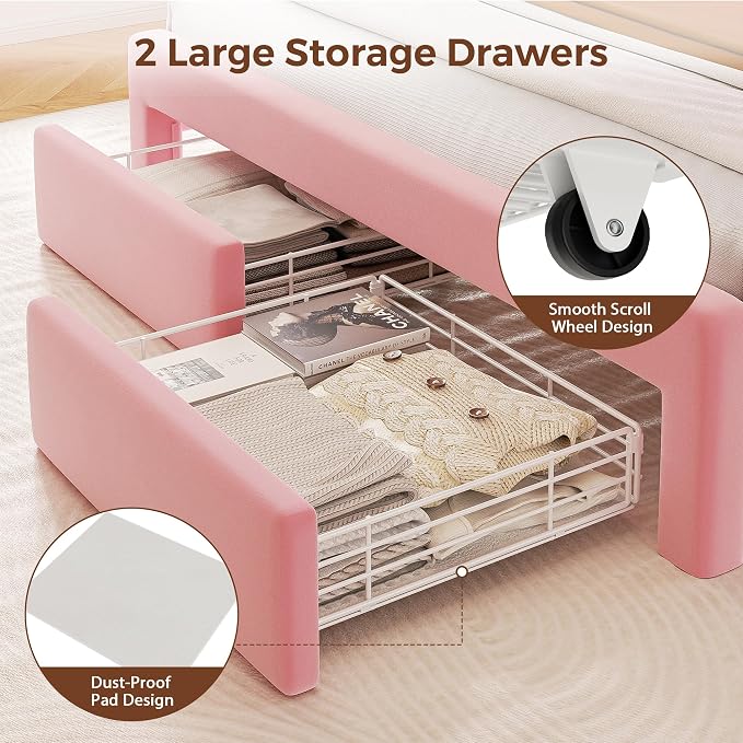 Queen LED Bed Frame with Storage Headboard & 2 Storage Drawers, Princess Velvet - Image 8