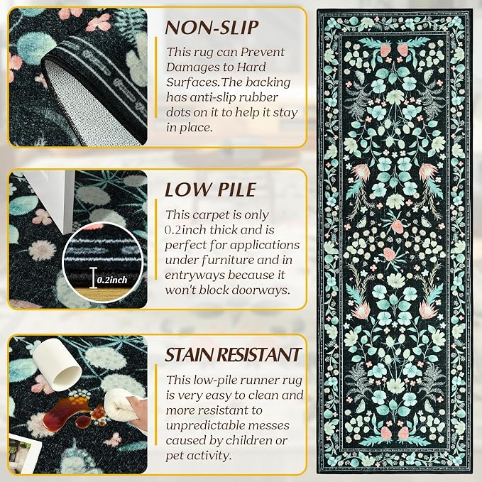 Washable Runner Rug, 2x6Ft Floral Rug Runners - Image 9