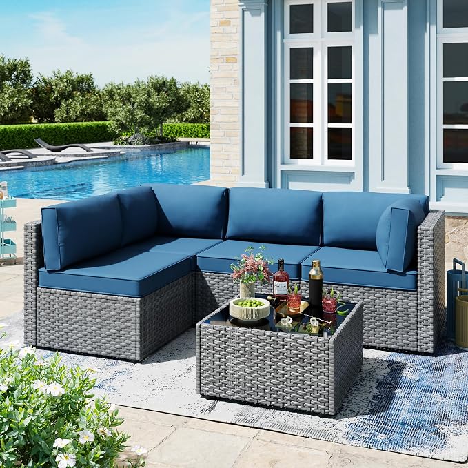 SUNLEI 5 Piece Patio Furniture Sets, Low Back All-Weather Rattan Sectional Sofa - Image 7