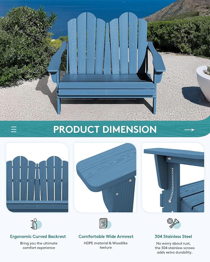SERWALL Outdoor Folding Adirondack Bench, HDPE All-Weather Adirondack Loveseat - Image 5