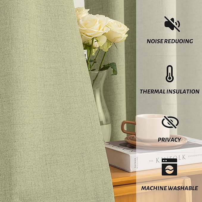 Yakamok Sage Green Linen Curtains 100% Blackout 72 Inches Long, Room Darkening - Image 5