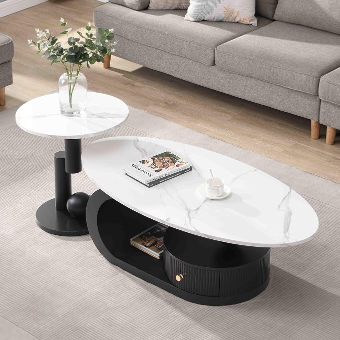 Modern Oval Coffee Table Set of 2, Faux Marble Coffee Table and Round End Table - Image 5