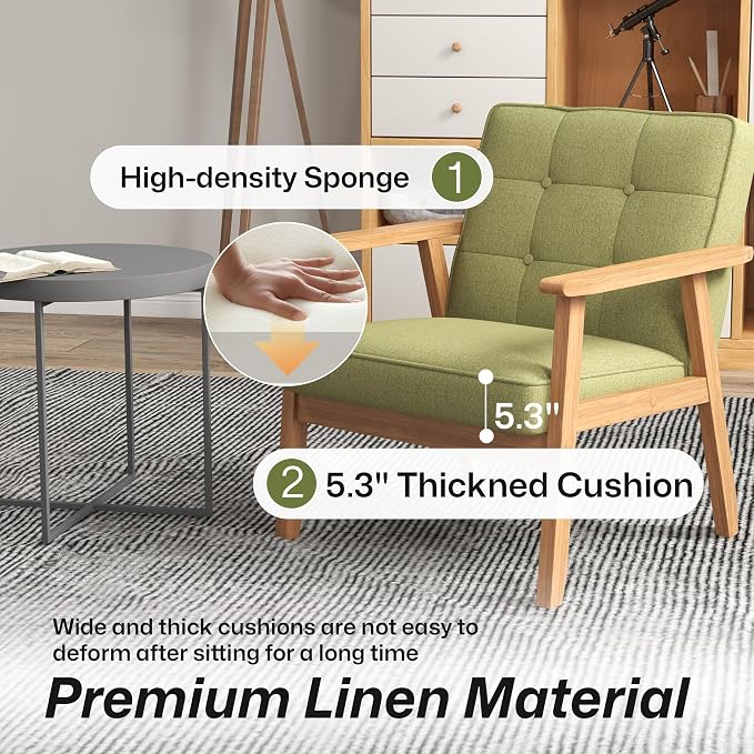 Modern Accent Chair with Arm Rest Set of 2, Upholstered Linen Fabric Leisure - Image 6