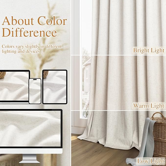 Beige White 100% Blackout Linen Curtains 108 Inch Length 2 Panels Set - Image 7