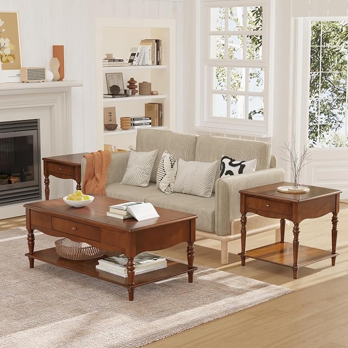 Large End Table with Drawer and Storage Shelf, Solid Wood Sofa Side Table - Image 5