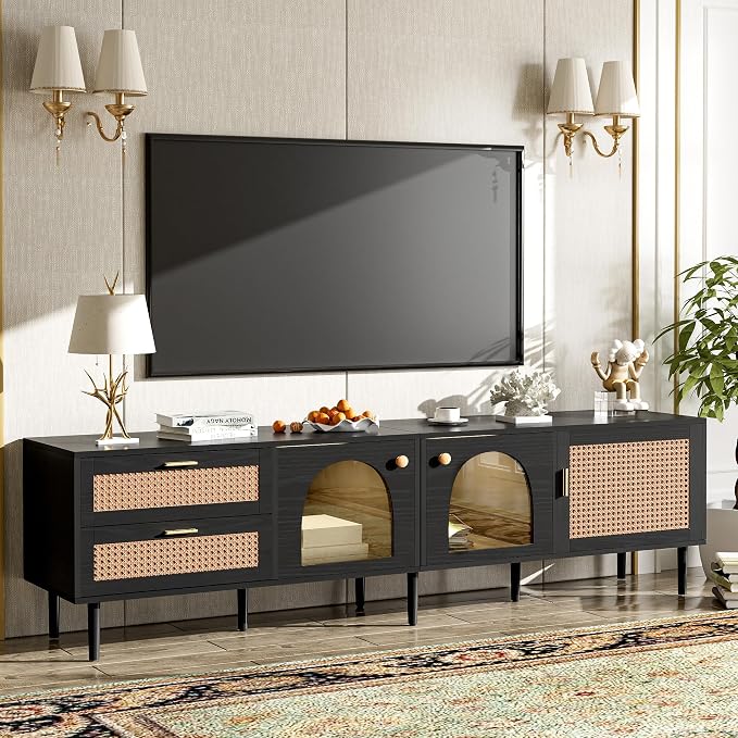 Merax Rattan TV Stand with LED Lights, Solid Wood Feet, Living Room, Bedroom - Image 4