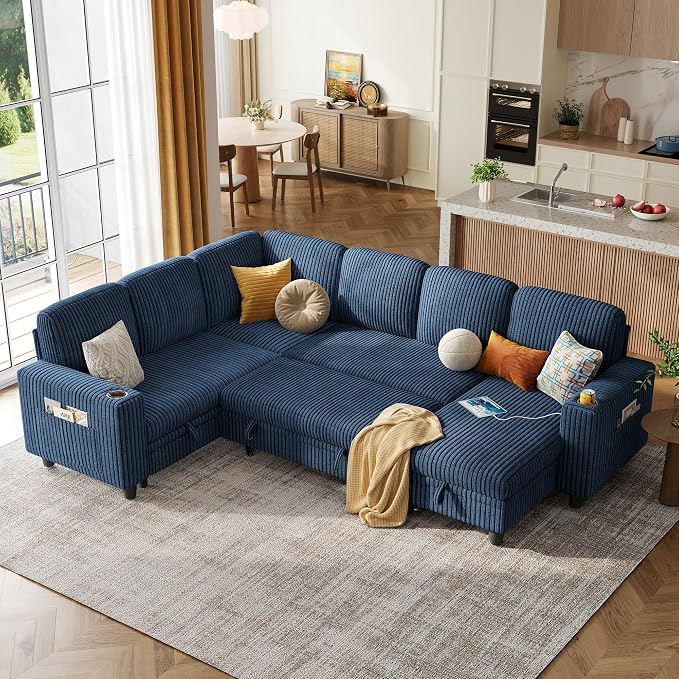 LINSY HOME Sectional Sofa with Pull Out Bed, 6 Seats Corduroy Reversible by LINSYHOME