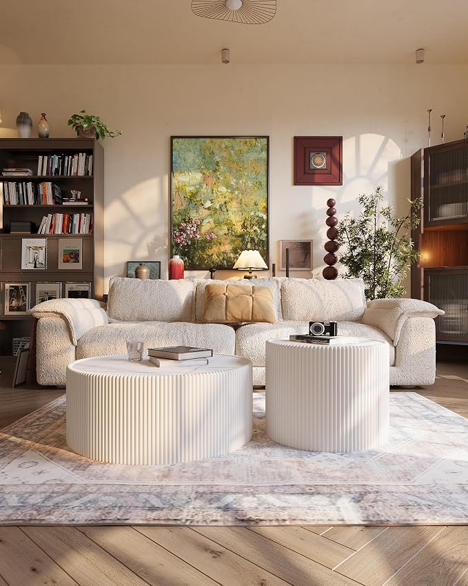 White Marble Coffee Table Set of 2, 29.52" Round Flued Coffee Table and End - Image 8