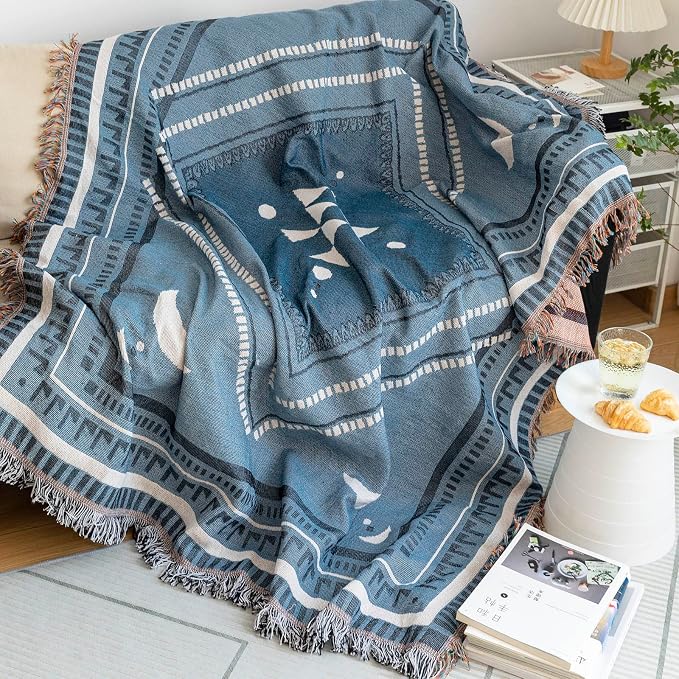 VClife Boho Couch Cover White Blue Plaid Stripe Couch Cover Washable L Shape - Image 8