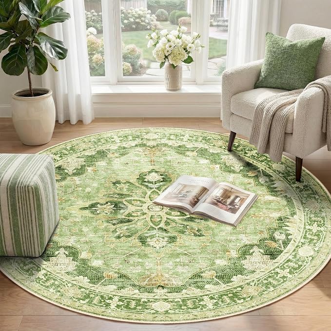 RELEANY Area Rugs Round 4ft Washable Non-Slip, Floral Vintage Distress Print - Image 2