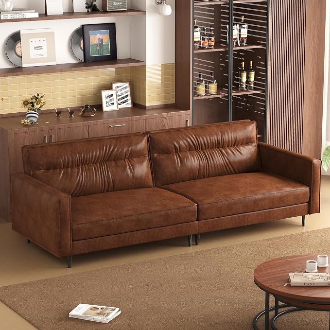 86.61" Mid-Century 3-Seater Brown Leather Sofa, Vintage Modern Couch - Image 4