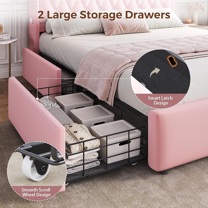 Full LED Velvet Bed Frame with 2 Storage Drawers&Hidden Headboard, Upholstered - Image 6