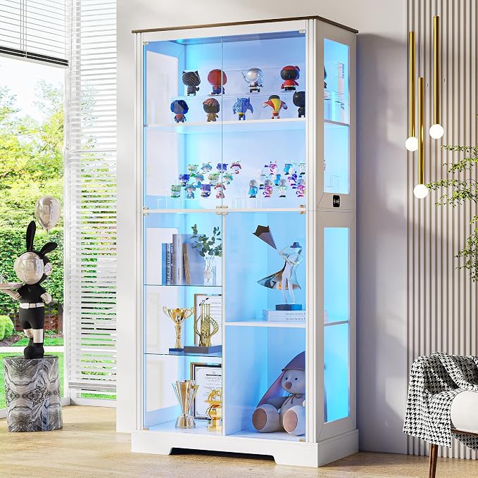 71” Display Cabinet with Glass Doors, Modern Curio Cabinet with 3 Color Lights by LVifurSmartFurniture
