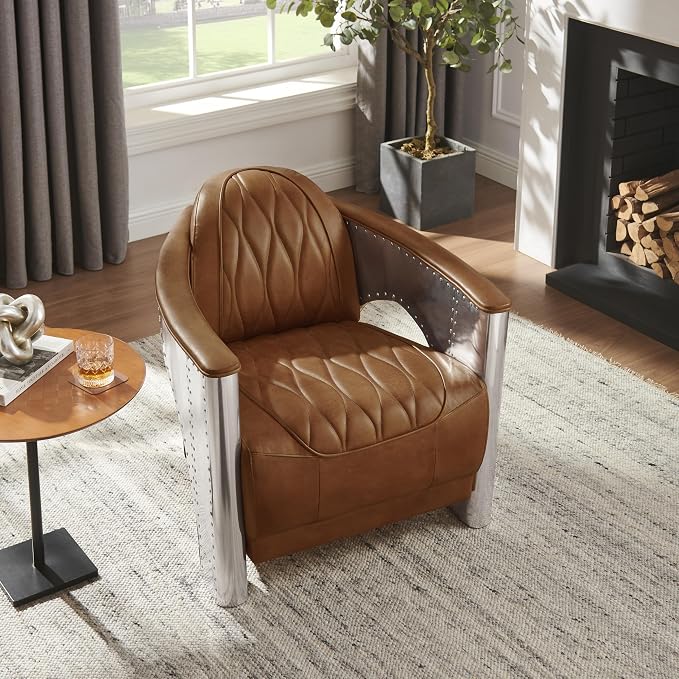 Art Leon Genuine Leather Chair, Mid Century Industrial Accent Arm Chair - Image 7