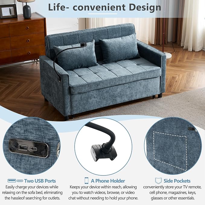 3 in 1 Convertible Sleeper Sofa Bed, 56.9" Small Pull Out Couch Bed - Image 7